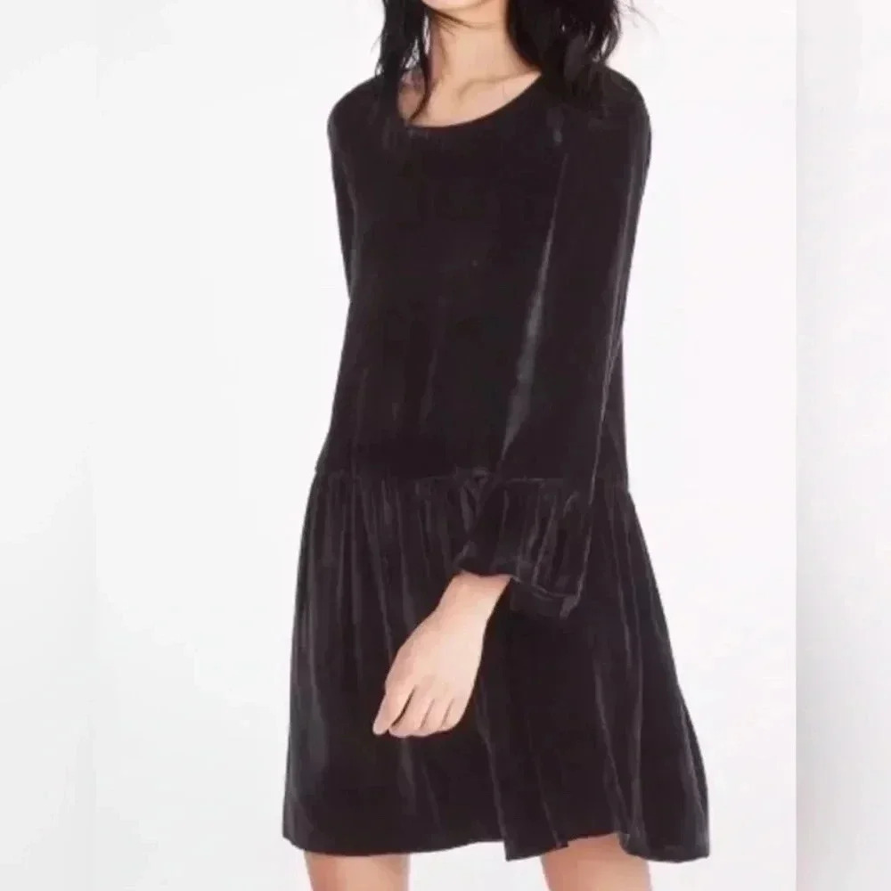 Woman MADEWELL Black Velvet L/s Belle Sleeves Silk Blend Dress Sz XXS EUC